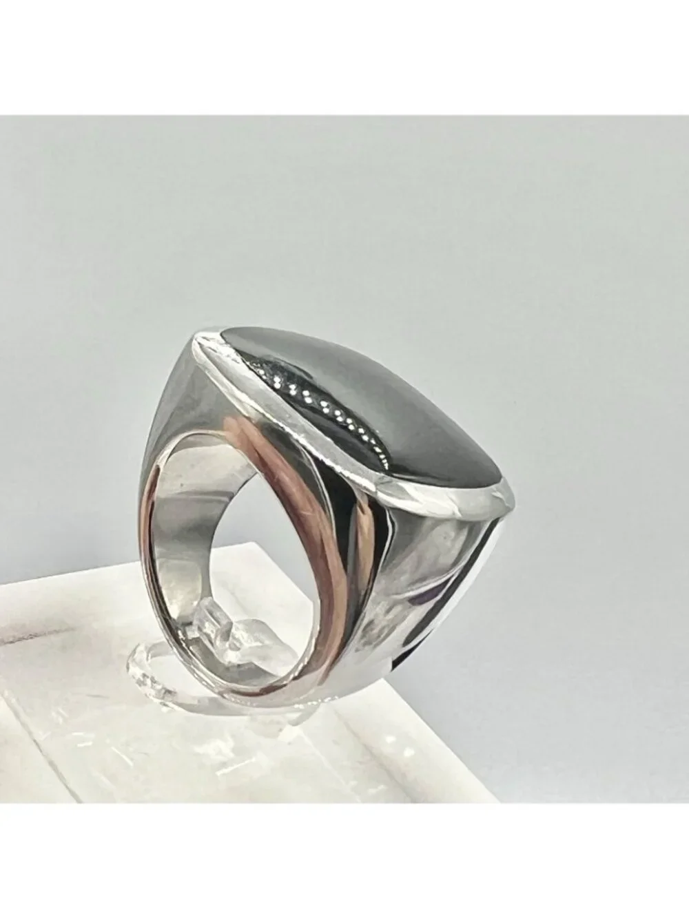 Stainless Steel Minimalist Flat Square Ring Black Stone Inlay Size 7.5 7.75